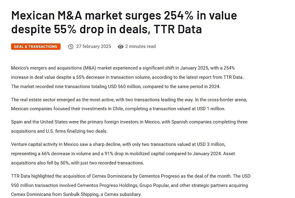 Mexican M&A market surges 254% in value despite 55% drop in deals, TTR Data